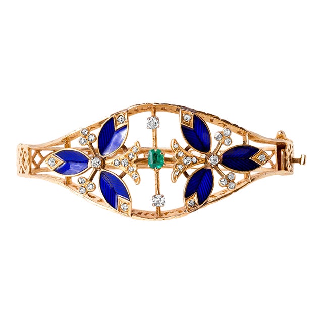 Vintage 14k Gold Emerald, Antique Cut Diamond and Cobalt Blue Enamel Bangle For Sale