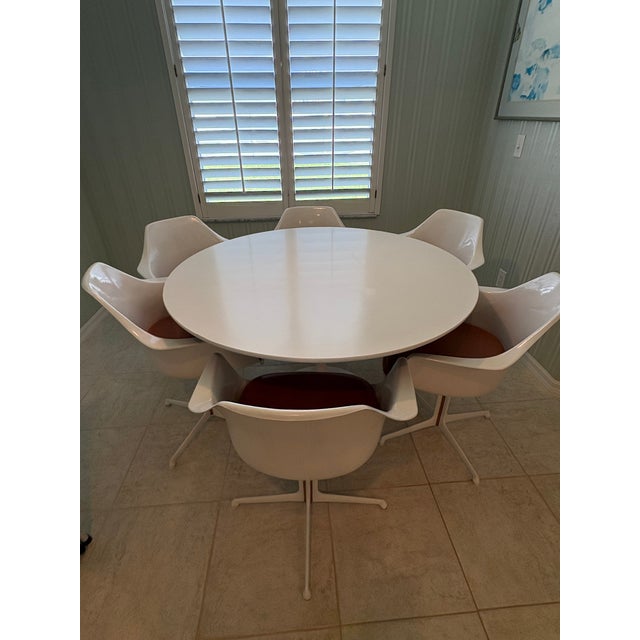 Straight from the height of 1960s design innovation, this rare mid-century modern dining set by Maurice Burke for Arkana...