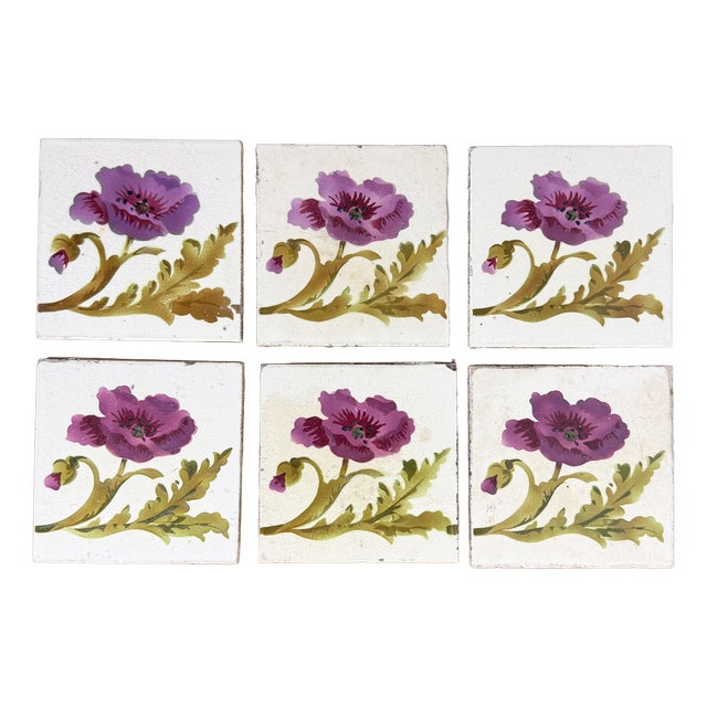 Antique Art Nouveau Floral Ceramic Tiles, 1890s, Set of 6 For Sale