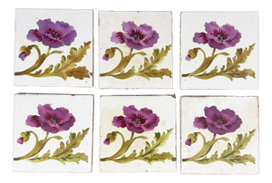 Antique Art Nouveau Floral Ceramic Tiles, 1890s, Set of 6