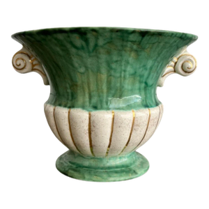 1960s Neoclassical Green & Cream Ceramic Urn Vessel With Ionic Motif Handles