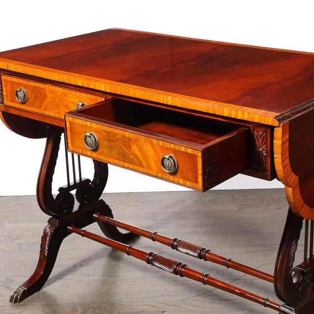 Edwardian Mahogany Writing Desk W/ Inlaid Exotic Wood Detailing & Bronze Pulls For Sale - Image 15 of 18