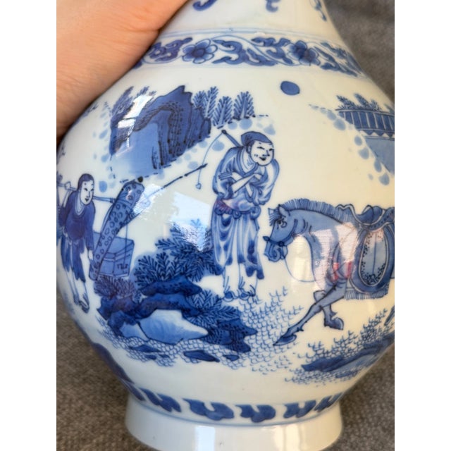 Ceramic Important 17th Century Chinese Blue and White Figural Vase – Transitional Period – Scholars in Landscape – Rare Antique For Sale - Image 7 of 10