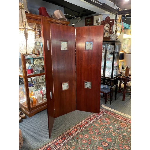 Wood Vintage Art Deco Style Mahogany Etched Glass Three Panel Room Divider Screen For Sale - Image 7 of 13