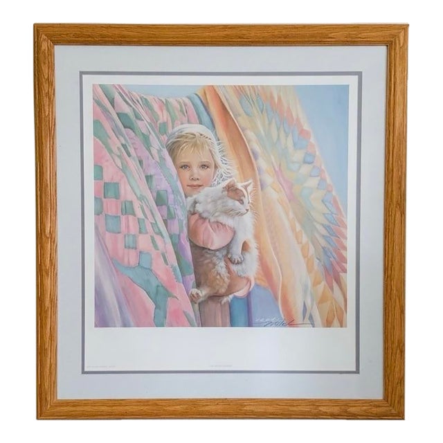 Framed Mark Keathley “Noël” Hand-Signed Print – Child & Cat Portrait For Sale