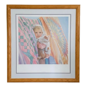 Framed Mark Keathley “Noël” Hand-Signed Print – Child & Cat Portrait