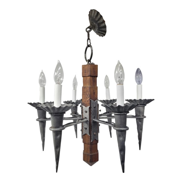 Spanish Revival 6-Light Iron & Wood Chandelier Gothic Arts & Crafts Rustic Castlecore Light For Sale