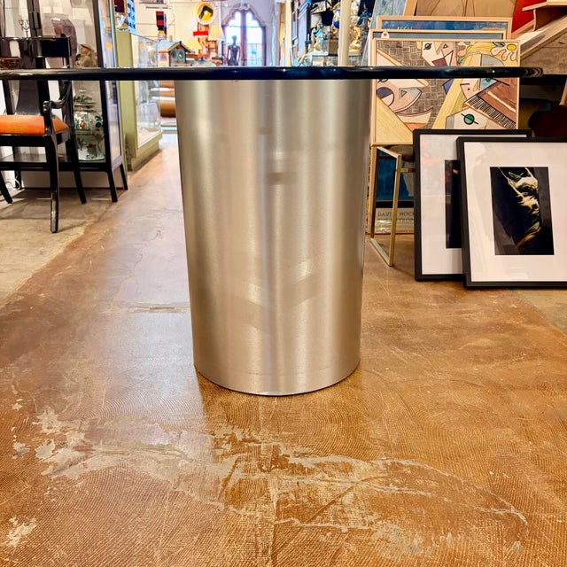 Mid 20th Century Vintage Modernist Round Glass Dining Table With Brushed Aluminum-Look Pedestal Base For Sale - Image 5 of 12