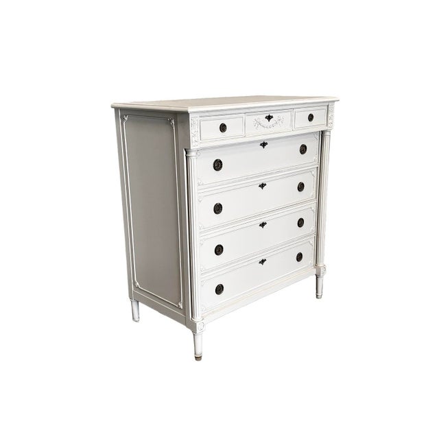 Antique European Tallboy | Solid Wood Chest of Drawers | French White Dresser | Original Hardware | Beige Mahogany Dresser For Sale - Image 4 of 6