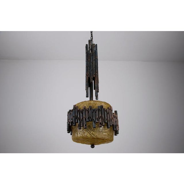 Brutalist Metal and Textured Amber Glass Pendant Lamp, Germany, 1970s For Sale - Image 9 of 12