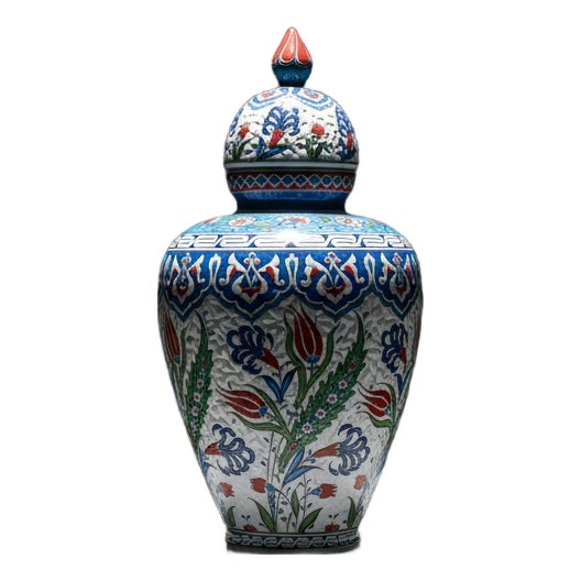 Handmade Ceramic Vizier Jar (30cm) Carved Relief Texture and Ottoman Red Tulips For Sale