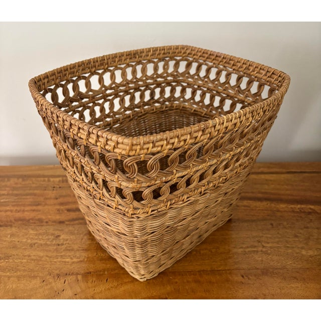 Vintage 1960s wicker wastebasket with an intricate design and a boho or coastal appeal. I ship quickly and...