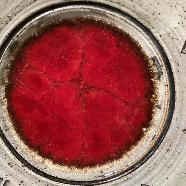 Handcrafted Art Studio Eartware Wall Decor Platter/Bowl With Raised Central Red Medallion Circa 2013 Signed For Sale In Chicago - Image 6 of 12