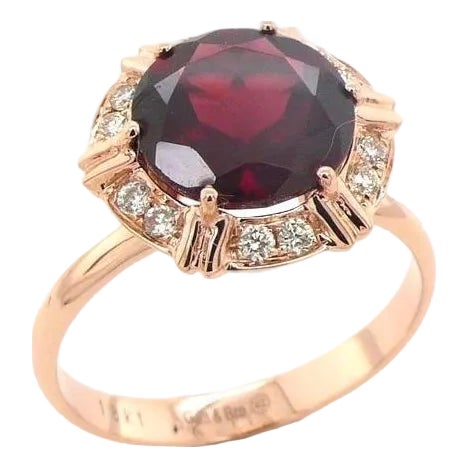 Fancy Round Red Garnet Diamond Halo 18 Karat Rose Gold Cocktail Statement Ring, Size 6.5 For Sale