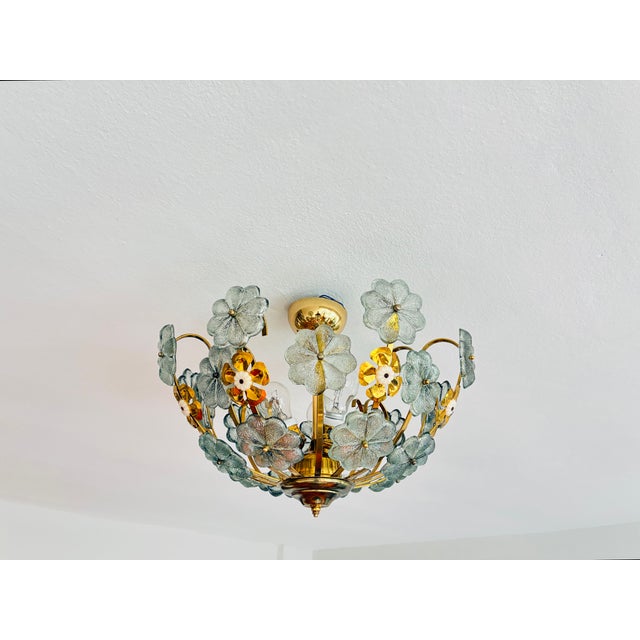 Vintage Water Green Floral Flush Mount Chandelier, Hand-Painted Glass Flower Ceiling Light, Mid-Century Brass Light Fixture - Pair For Sale - Image 16 of 17