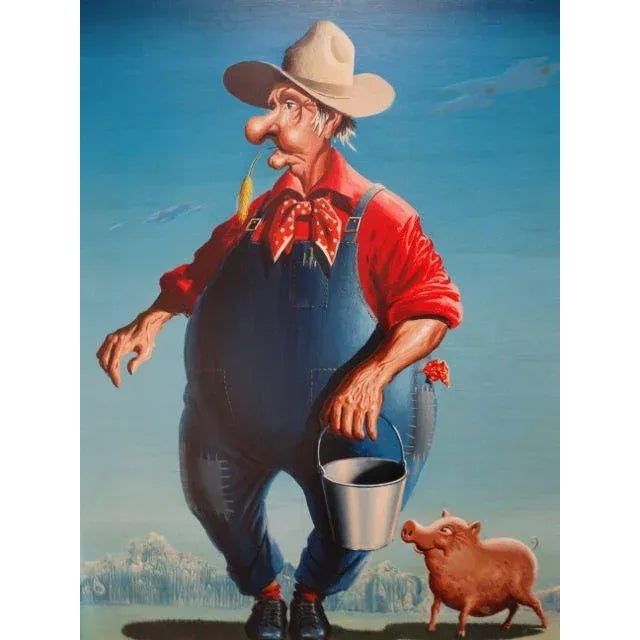 Mid 20th Century Vintage Mid-Century Irv Wyner the Farmer and His Pig Buddy Painting For Sale - Image 5 of 6