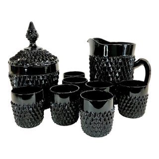 1940s Vintage Art Deco Indiana Glass Black Diamond Point Tiara Bar Set - 9 Pieces. For Sale