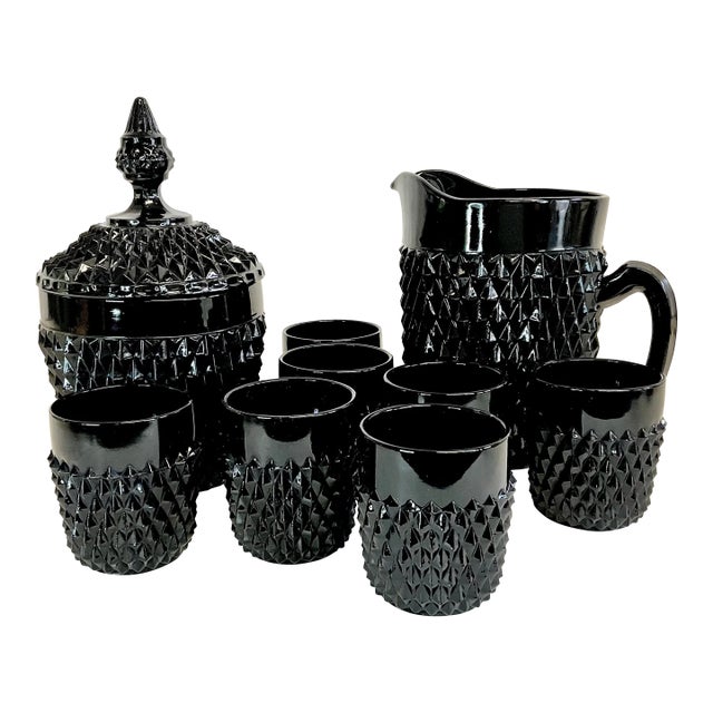 1940s Vintage Art Deco Indiana Glass Black Diamond Point Tiara Bar Set - 9 Pieces For Sale