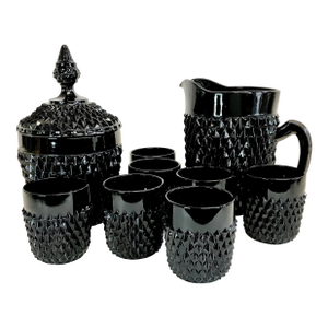 1940s Vintage Art Deco Indiana Glass Black Diamond Point Tiara Bar Set - 9 Pieces