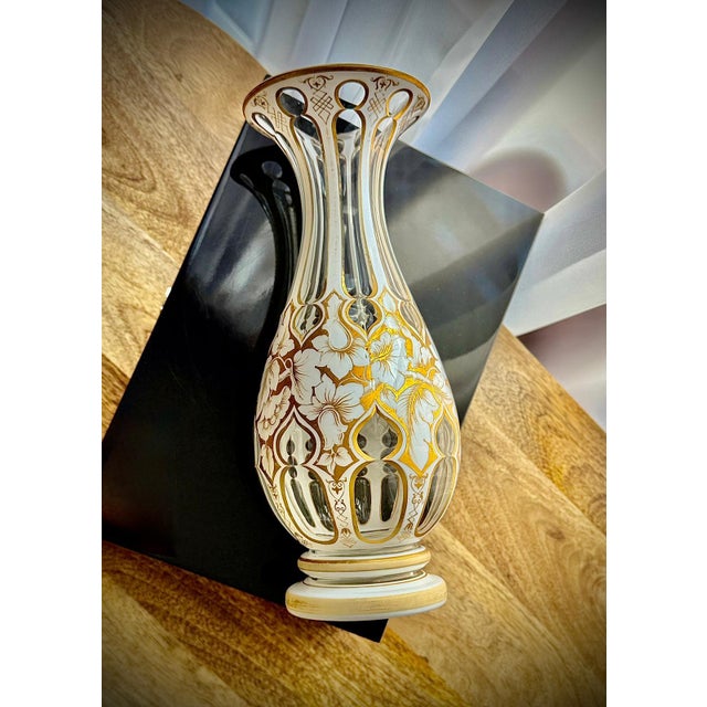 Antique Bohemian White Overlay Gilded Glass Vase, 1800s For Sale - Image 10 of 18