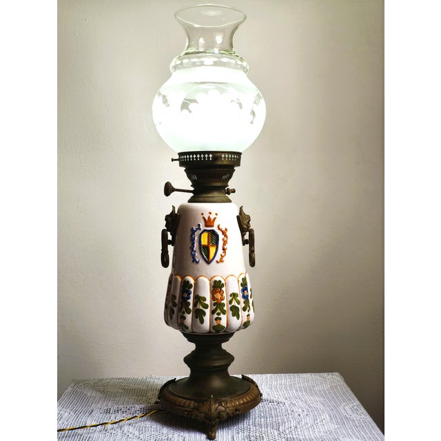 Italian mid-century lamp (1950s–1960s) in brass and hand-painted ceramic with a sand-etched glass shade. Very good vintage...