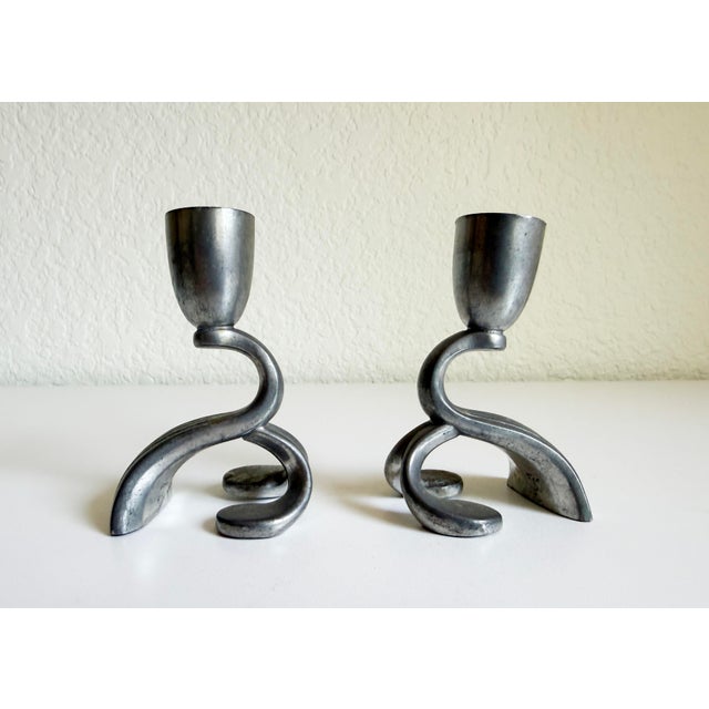 A petite pair of 1930s Art Deco / Scandinavian Modern candle holders by Danish metalsmith Just Andersen. Made of pewter,...