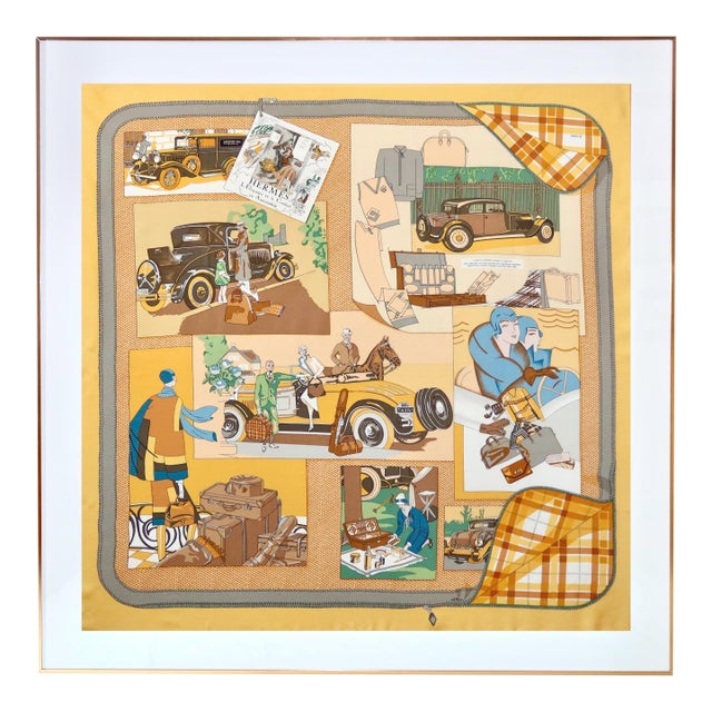 1990s Framed Hermès Silk Scarf "L'Elégance Et Le Confort en Automobile" by Caty Latham - Orange Gold Frame For Sale