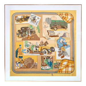 1990s Framed Hermès Silk Scarf "L'Elégance Et Le Confort en Automobile" by Caty Latham - Orange Gold Frame