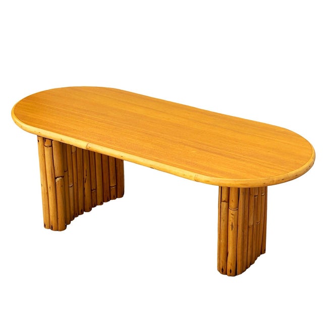 1940s 1940s Restored Rattan & Koa Wood Oval Surfboard Coffee Table W/ Stacked Rattan Legs For Sale - Image 5 of 8