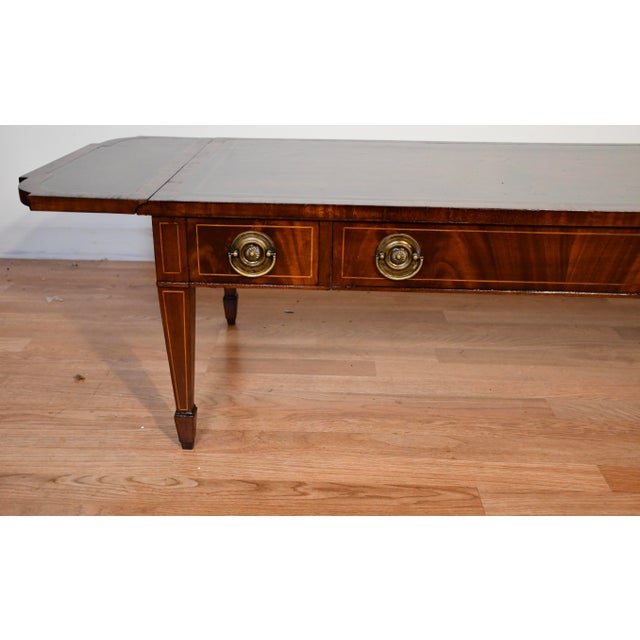 Traditional 1930s Weiman English Regency Flame Mahogany Inlay Leather Top Drop Leaf Coffee Table For Sale - Image 3 of 18