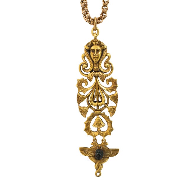 Modern Victorian Antique 19k Yellow Gold Egyptian Pendant Chain Necklace For Sale - Image 3 of 9