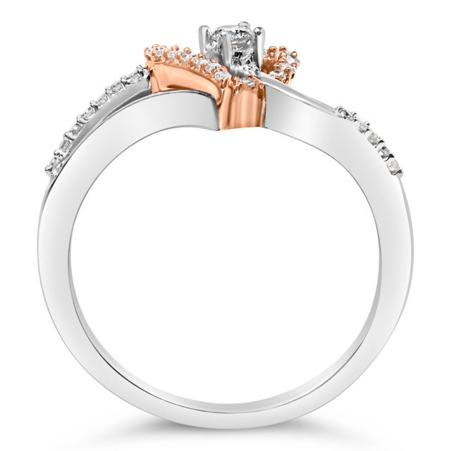 Early 21st Century 10K Rose Gold Plated .925 Sterling Silver 1/5 Cttw Diamond Two Tone Open Heart Promise or Fashion Ring (I-J Color, I2-I3 Clarity) - Size 7-1/2 For Sale - Image 5 of 7
