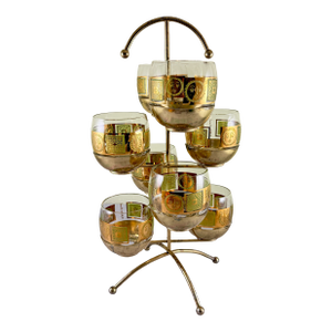 Golden Celeste Roly Poly Glasses in Stand, Briard, S/9