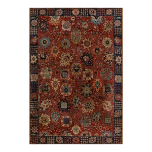 Antique Handmade Hooked Rug in Red With Floral Patterns
