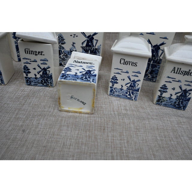 Delft 1920s-1940s Vintage Delft-Style Dutch Windmill Motif Kitchen Canister and Cruet Set For Sale - Image 4 of 7