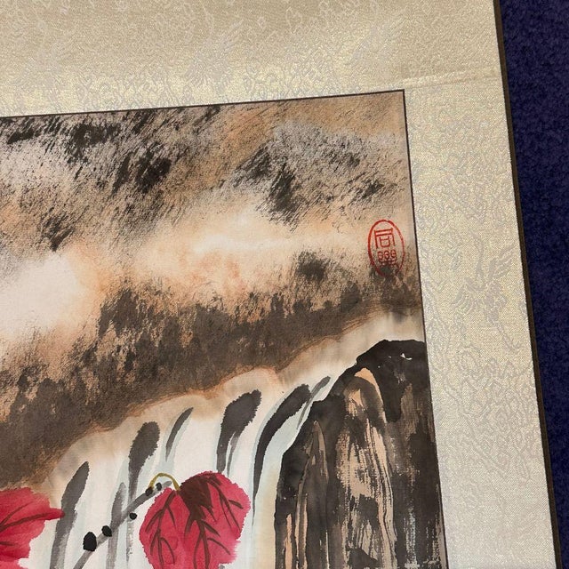 Dark Pink Chinese Scroll Drawing of Waterfall and Bird For Sale - Image 8 of 8