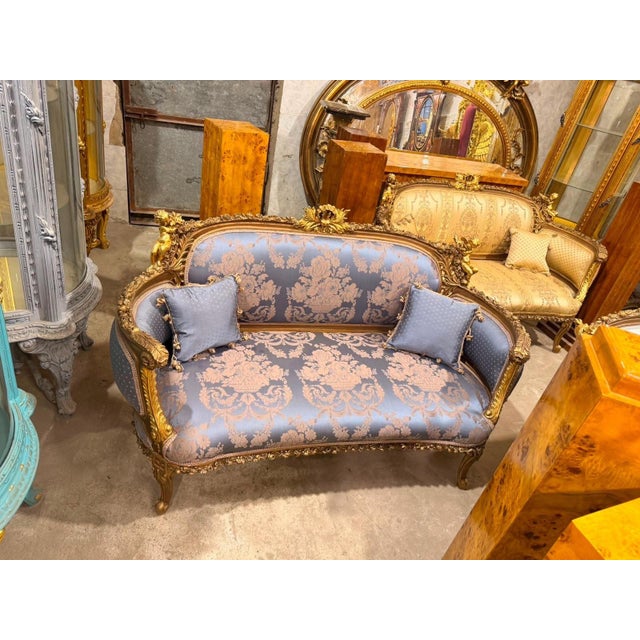 Wood Vintage Cherub Rococo Sette upholstery Blue Damask Canapa For Sale - Image 7 of 9