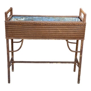 Vintage Boho Wicker Rattan Elevated Raised Porch Garden Planter Bed W/ Insert For Sale
