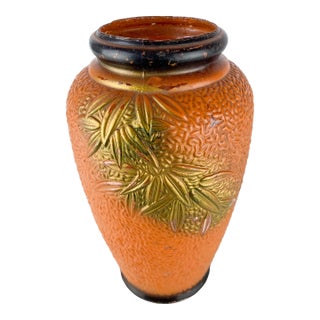 Vintage Tall Japanese Bamboo Bird Vase Hand Painted Orange Asian Glass Art For Sale