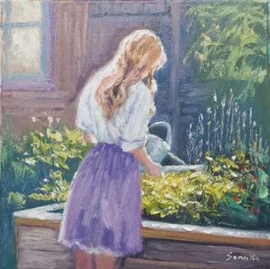 Original Oil Painting of Girl Watering Flowers
