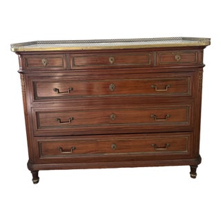 Antique French Louis XVI Style Walnut Marble Top Commode With Brass Gallery For Sale
