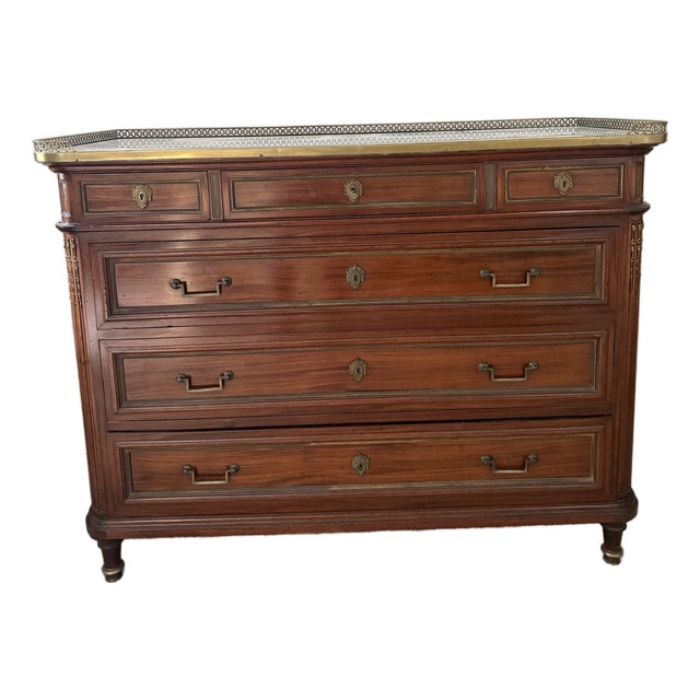 Antique French Louis XVI Style Walnut Marble Top Commode With Brass Gallery For Sale