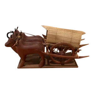 Late 19th Century Japanese Carved Wooden Ox Oxen Drawn Tumbril Cart Sculpture