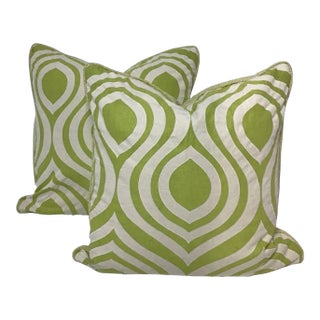 Geometric Green and White Pillows - a Pair For Sale