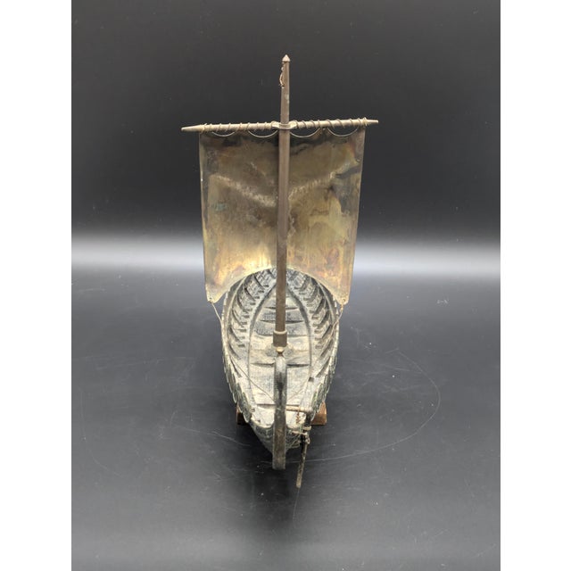 Vintage Bronze & Brass Viking Ship Sculpture on Stand For Sale In Portland, OR - Image 6 of 11