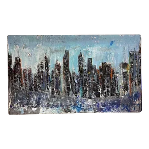 City Landscape Art Abstract Modern Blue Oil Painting on Wood