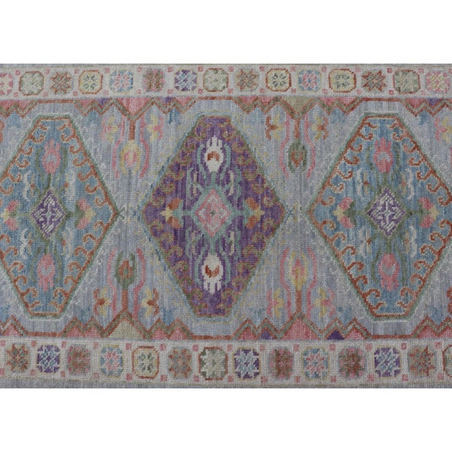 2020s Colorful Modern Oushak Runner With Diamond Medallions and Multi-Tier Border For Sale - Image 5 of 12