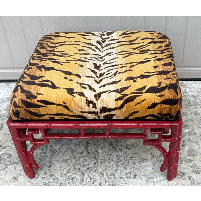 1970s Vintage Chinoiserie Red Ottoman With Tiger Fabric Upholstery For Sale - Image 10 of 12