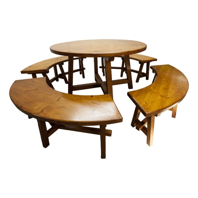 Round Pine Table and Circular Benches, 1960s, Set of 5 For Sale