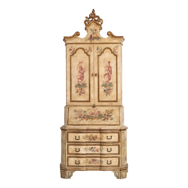 Hand-Painted Rococo Secretaire with Drop-Front Desk and Drawers, 1960s For Sale